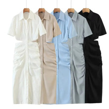 外贸2025春季新款女装 欧美风时尚简约短袖露腰长款连衣裙