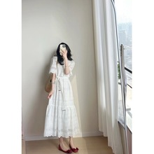 高级感白色蕾丝连衣裙女夏季新款韩版显瘦仙女镂空刺绣御姐风长裙