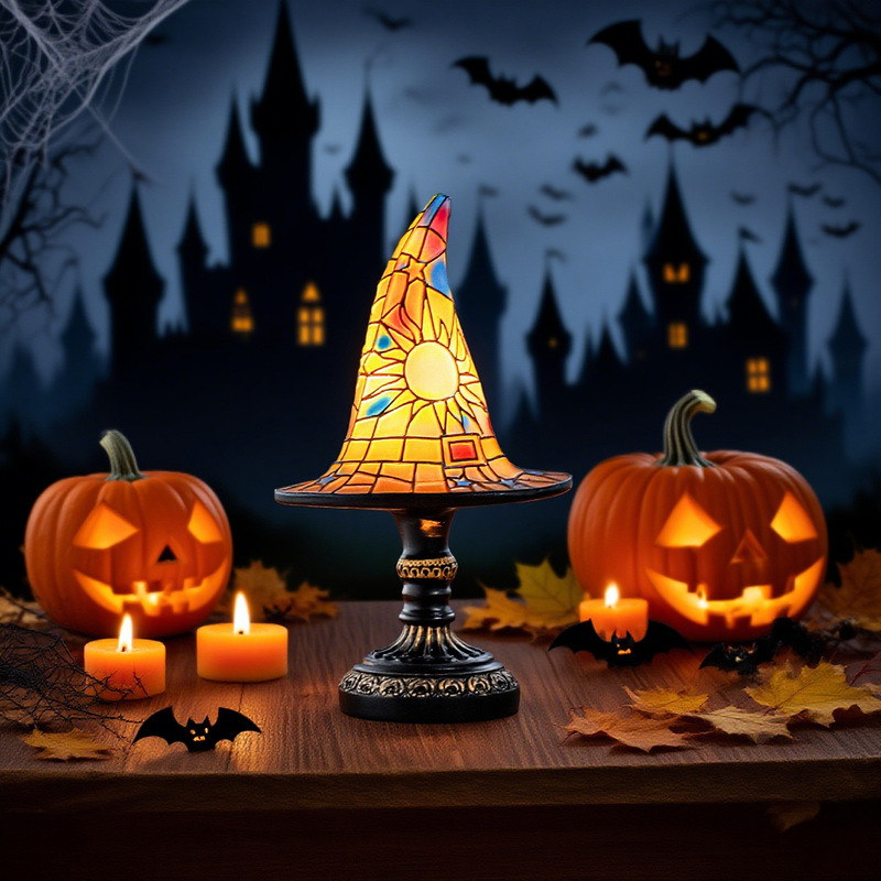 跨境新款Stained Glass Witch Hat Lamp 女巫帽灯床头柜夜灯|undefined
