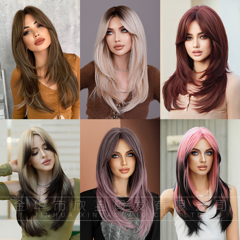 European and American women's eight-character bangs wig gradient long straight hair full head cover high quality natural layered wig wholesale