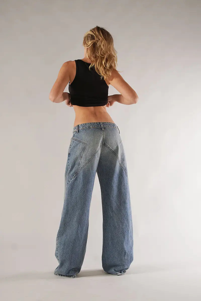 Women's Low Waist Baggy Jeans, Vintage Washed Wide Leg Denim Pants With Knit Waistband, Y2K Streetwear Trousers For Daily Casual_ecoleips.com
