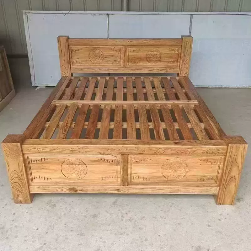 中式老榆木双人床简约现代原木大床榫卯结构拼接床家具卧室大床