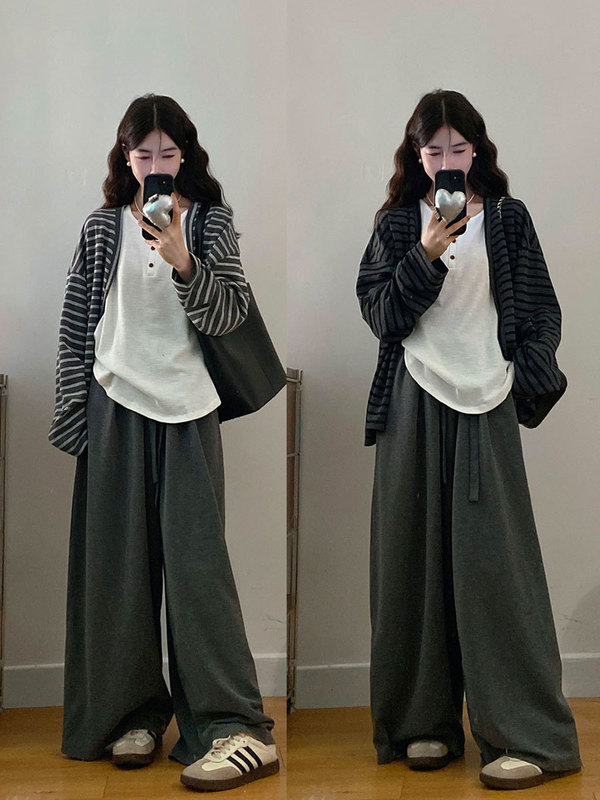 2025大码女装秋季慵懒风美式撞色条纹长袖内搭背心+休闲长裤套装|undefined