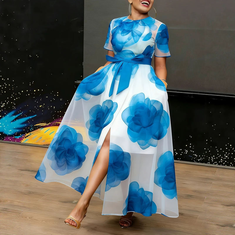 Elegant European and American cross-border floral print dress with tie, round neck, slit hem, long style, and belt for summer Elegant European and American cross-border floral print dress with tie, round neck, slit hem, long style, and belt for summer