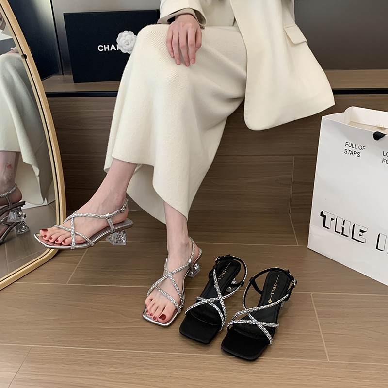 9709-4 Strap High Heel Sandals Rhinestone Transparent Women's Sandals Silver Crystal Heel Wide Fat Feet Plus Size Women