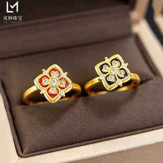 沙金珐琅点钻方牌万相花四叶草戒指项链耳钉方形轻奢高级感送礼女