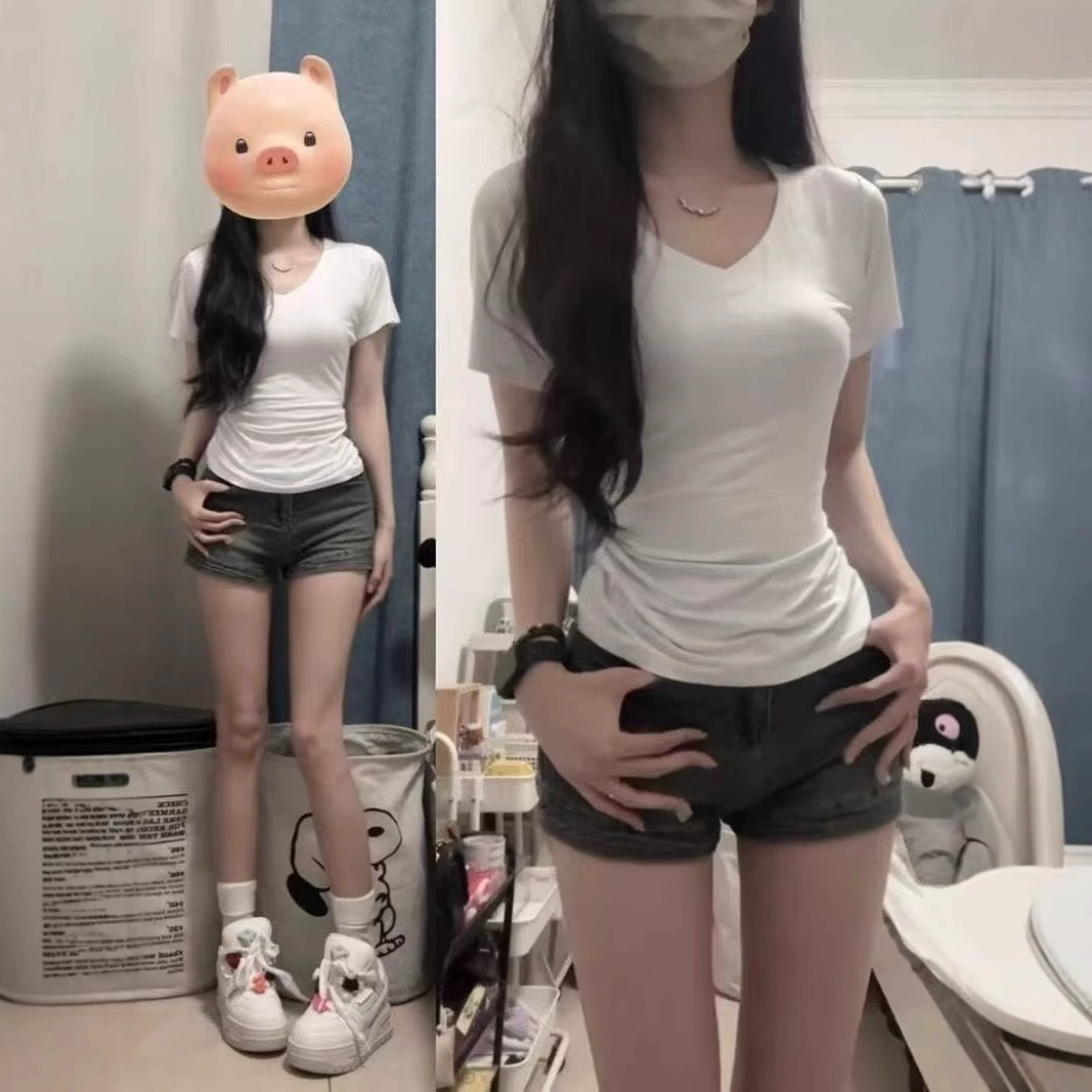 2025 Модная брендовая футболка с V-образным вырезом, однотонная, с коротким рукавом, летняя новинка, облегающий крой, универсальный топ из ледяного шелка для стройности