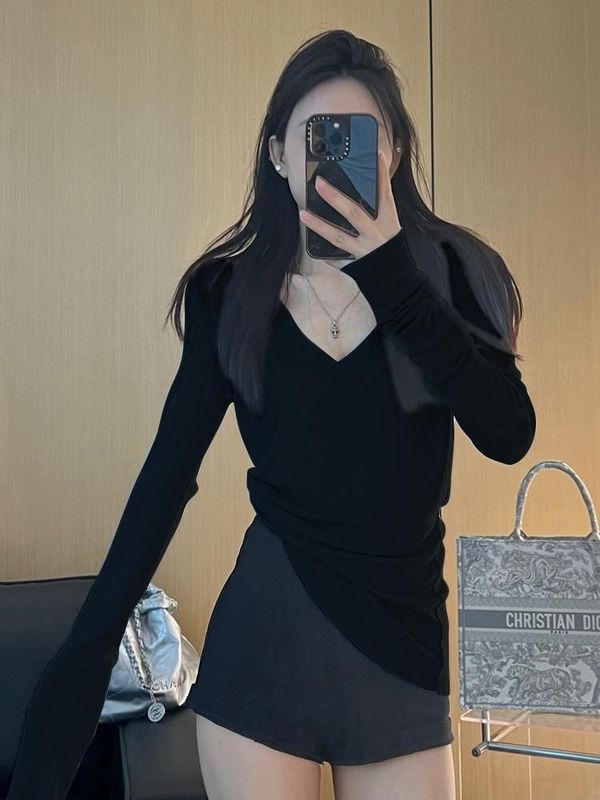 蓝色V领长袖T恤女秋季薄款小个子宽松显瘦慵懒风休闲百搭打底上衣|undefined