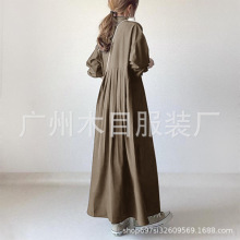 现货 跨境热卖衬衣裙2024夏季新款气质通勤圆领高腰A字衬衫连衣裙