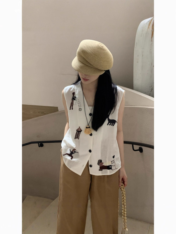 亚麻宽松刺绣夏季新款复古棉麻马甲背心女设计感卡通V领无袖上衣|undefined