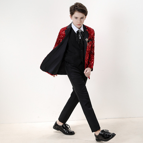 Children's red sequins jazz dance wear red sequins blazers Boys birthday party school performance dress Suit Walk Show British style suit Piano Performance coat pants shirts