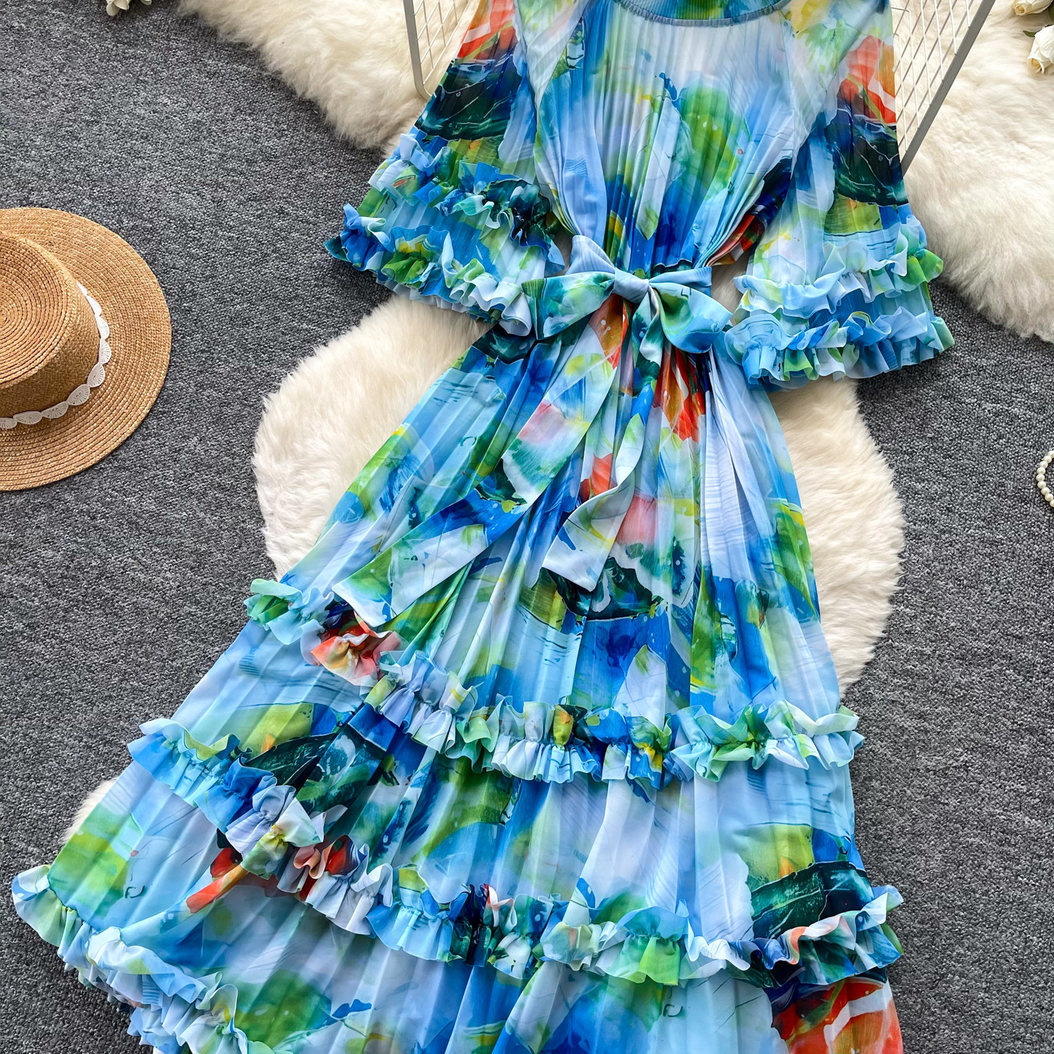 Floral Print Puff Sleeve Dress Women's Korean Style Retro Court Long Fairy Like Ruffled Tie Waist Dress_ecoleips.com