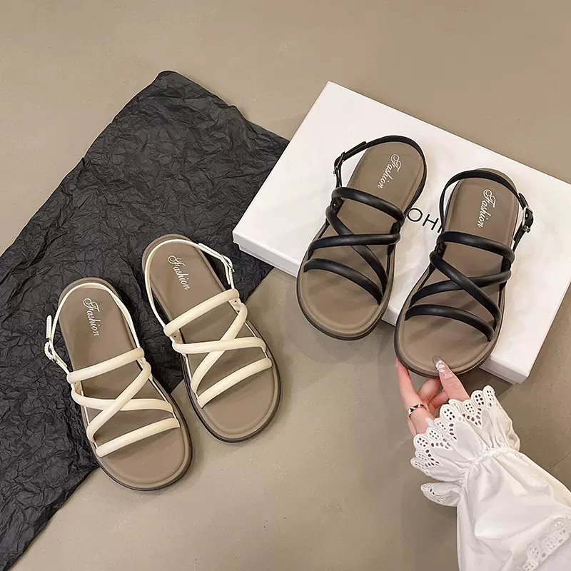 罗马交叉绑带凉鞋女夏季新款平底露趾百搭沙滩厚底超软黑色外穿凉