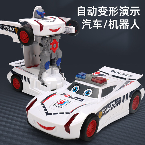 Electric police car transforming robot toy car with colorful lights and music, swivel movement car model, children's wholesale