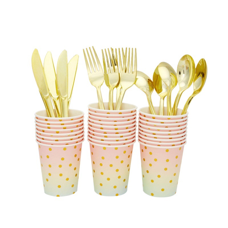 En stock transfronteriza Amazon fiesta banquete plato de papel desechable taza de papel servilleta cuchillo, tenedor y cuchara traje colorido serie