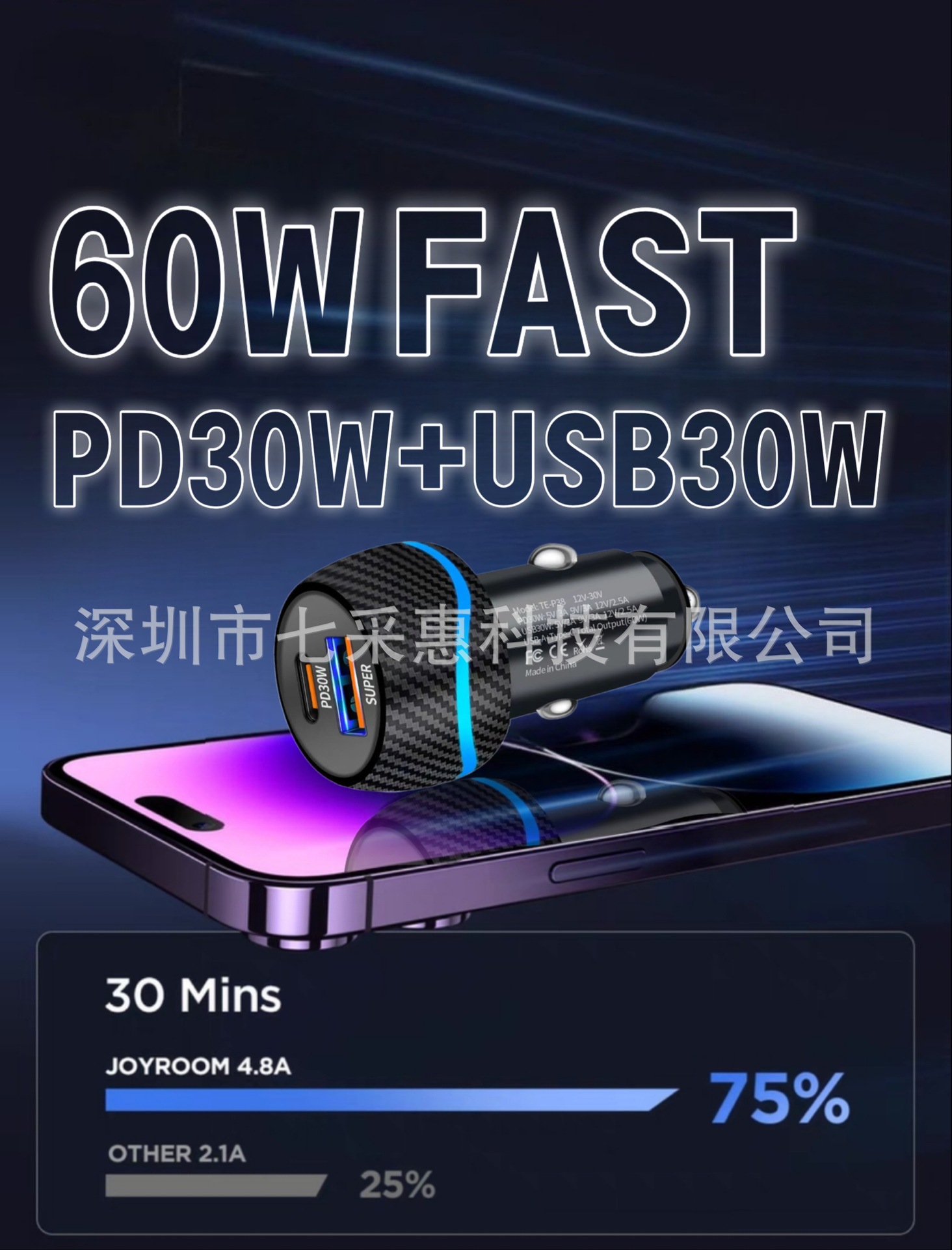 60W new car mobile phone charger PD30W super fast charging USB30W dual port output for fast charging at the same time