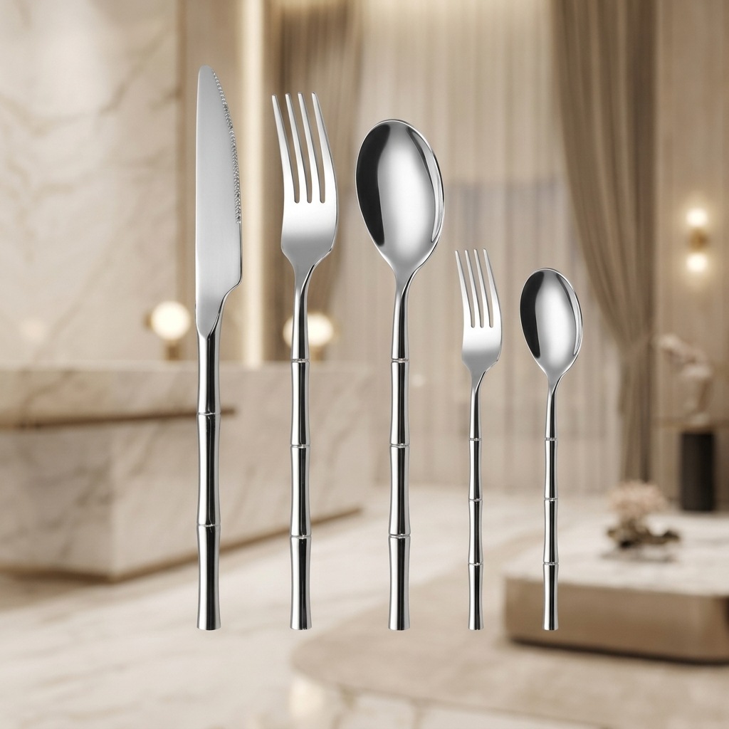 Cross-Border Amazon 304 Round Handle Bamboo Stainless Steel Tableware Steak Knife, Fork and Spoon Hotel Western Food Knife, Fork and Dessert Spoon