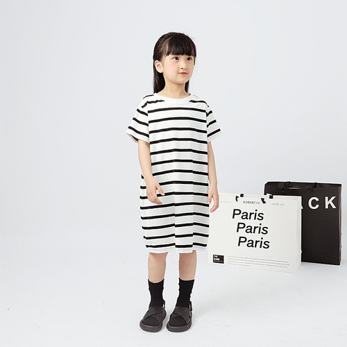 Summer Korean style children's clothing, new girls' dresses, older children's striped breathable casual nightgown, baby girl's long skirt
