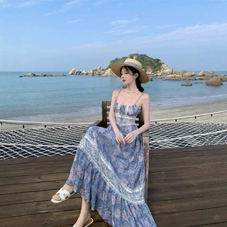 浪漫甜美吊带蕾丝复古印花无袖连衣裙女装2026新款沙滩度假风裙子