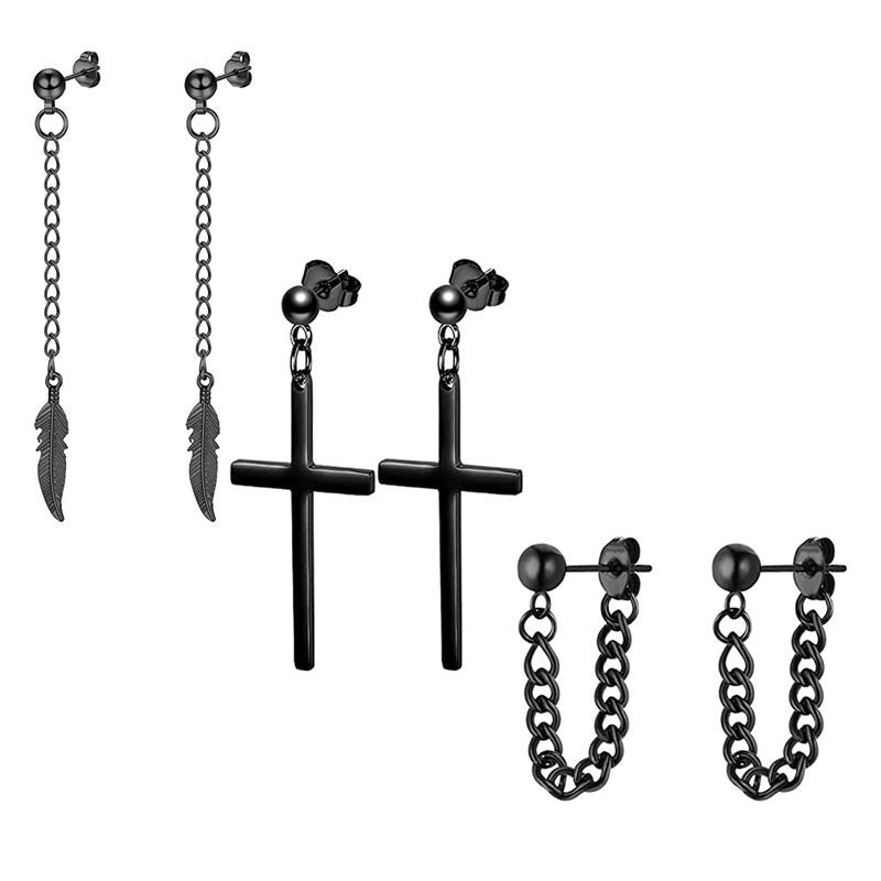 Black Men's Ear Clip Ear Stud Earrings Set 3 Pair Stainless Steel Fashion Jewelry detail image 7