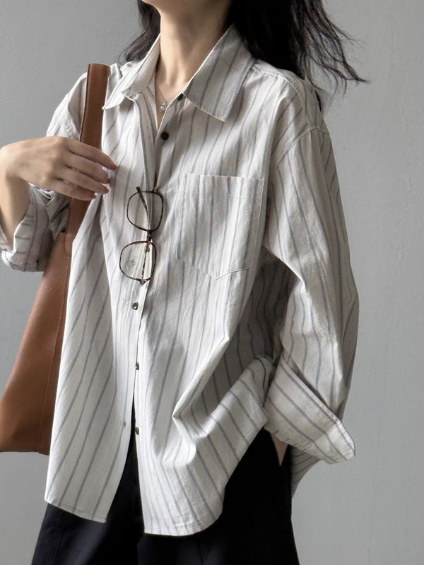 条纹全棉长袖衬衫女2025秋季新款休闲BF风宽松显瘦垂感高级感上衣|undefined