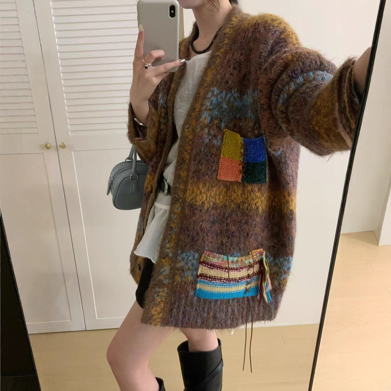 慵懒风宽松v领毛衣外套女秋冬复古减龄设计感小众渐变色针织开衫|undefined