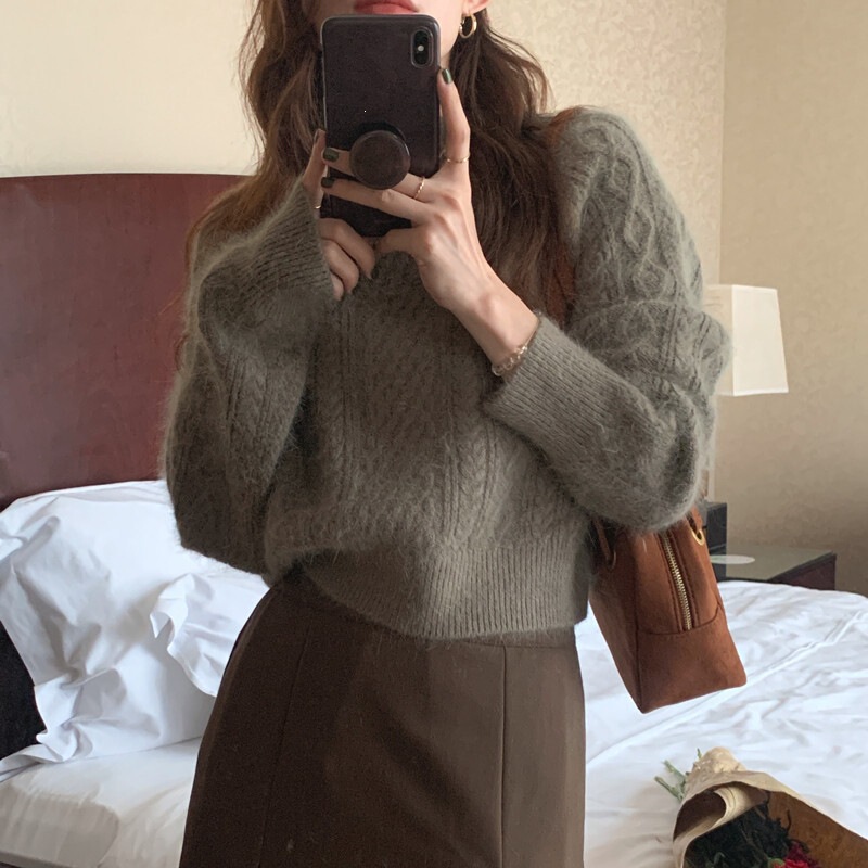 Twisted Knit Sweater for Women, New Autumn/Winter Vintage Versatile Lazy Style Korean Version Loose Thick Short Knit Top