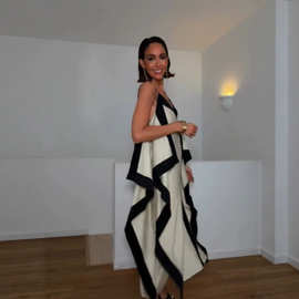 亚马逊女装长裙高级感优雅性感V领吊带宽松黑白拼色连衣裙度假风