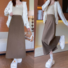 卡其毛呢开叉半身裙女中长款春秋2025新款高腰显瘦a字直筒包臀裙
