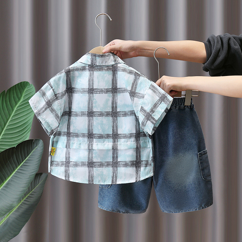 7314 Traje de verano para niños 2025 Nueva camisa a cuadros de manga corta Ropa de verano para niños guapos Traje de tres piezas de moda Verano