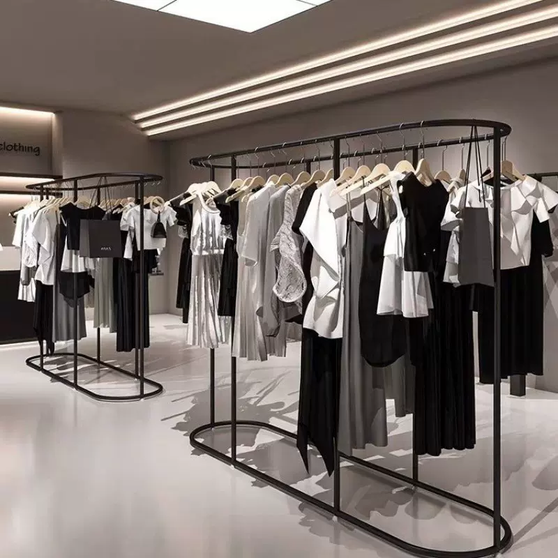 黑色加厚椭圆形中岛架服装店展示架落式地货架男女装免打孔挂衣架