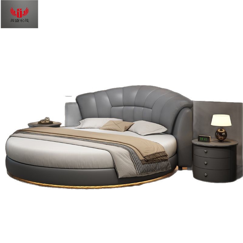 Cama redonda cama de cuero cama doble cama redonda cama de boda moderna y minimalista tema hotel residencial lámpara de inducción