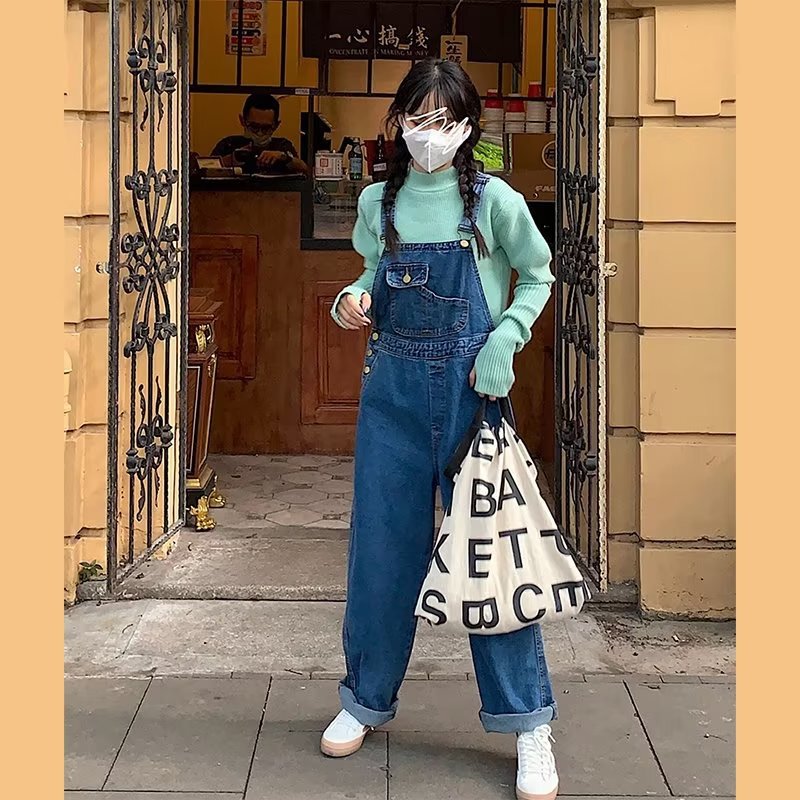 Spring and Autumn Strap Pants Denim Straight Trousers for Torre Female Petite Western Style Retro Fried Street Cute Japanese Students