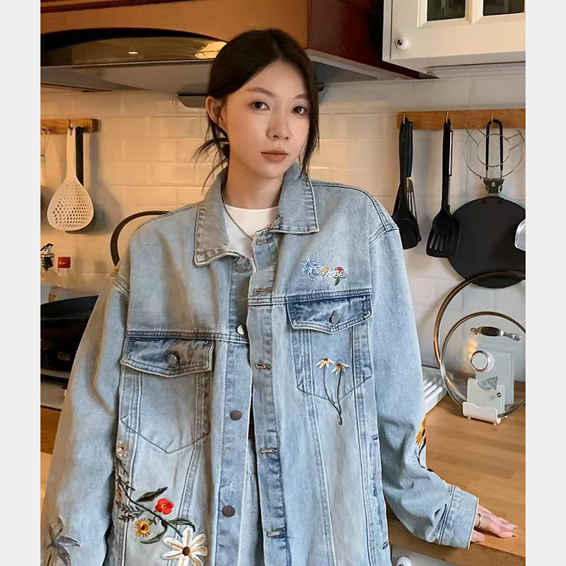 秋季新品花卉刺绣翻领牛仔服女夹克高街痞帅小众日系复古宽松外套|undefined