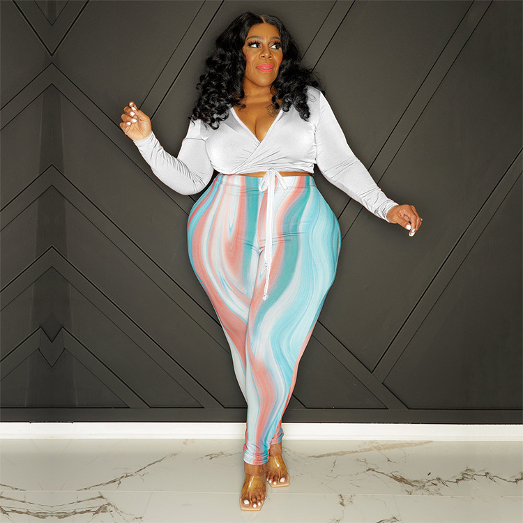 plus size solid color V-Neck Tight Top printed Pants Two-piece Set NSCYF122396