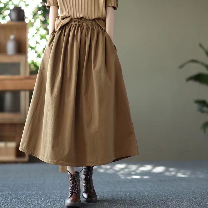Cotton Spring and Summer Skirt 2024 New Slim Skirt Women's Loose Waist A Solid Color plus size Large Swing Skirt Umbrella Skirt