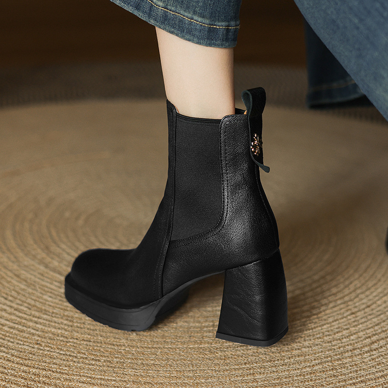 Boot Chelsea cổ ngắn mũi vuông da dê mềm, gót dày platform, phong cách cổ điển, dáng slip-on thu đông — nhung đen, Nhung nâu, Lớp lót đơn màu đen, Lớp lót đơn màu nâu