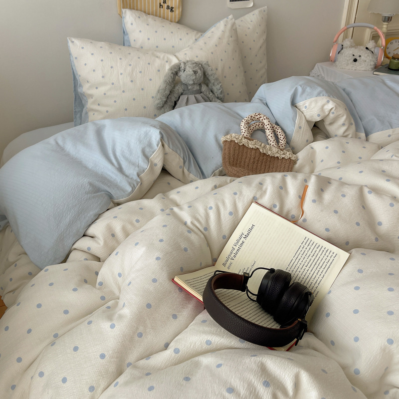 Spring and Summer Ins Simple Sea Salt Blue Polka Dot Washed Cloud-Like Double-Layer Gauze Bed Bed Sheets Quilt Cover 1.5m Three or Four Piece Set 1.8