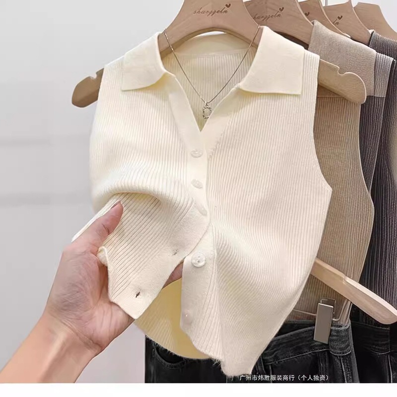 Polo knitted sleeveless vest with straps, outerwear tank top, short-sleeved slim fit, popular in Southeast Asia, ice silk turn-down collar, early autumn women's clothing Polo knitted sleeveless vest with straps, outerwear tank top, short-sleeved slim fit, popular in Southeast Asia, ice silk turn-down collar, early autumn women's clothing