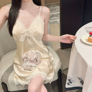 跨境批发情趣冰丝性感波点露背纯欲风睡衣家居服带胸垫吊带睡裙女