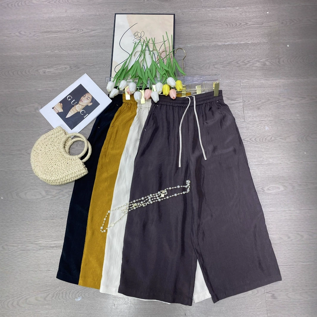 Летние простые ацетатные брюки в китайском стиле с цветными блоками и завязками, изогнутая текстура, элегантные укороченные брюки, повседневные брюки