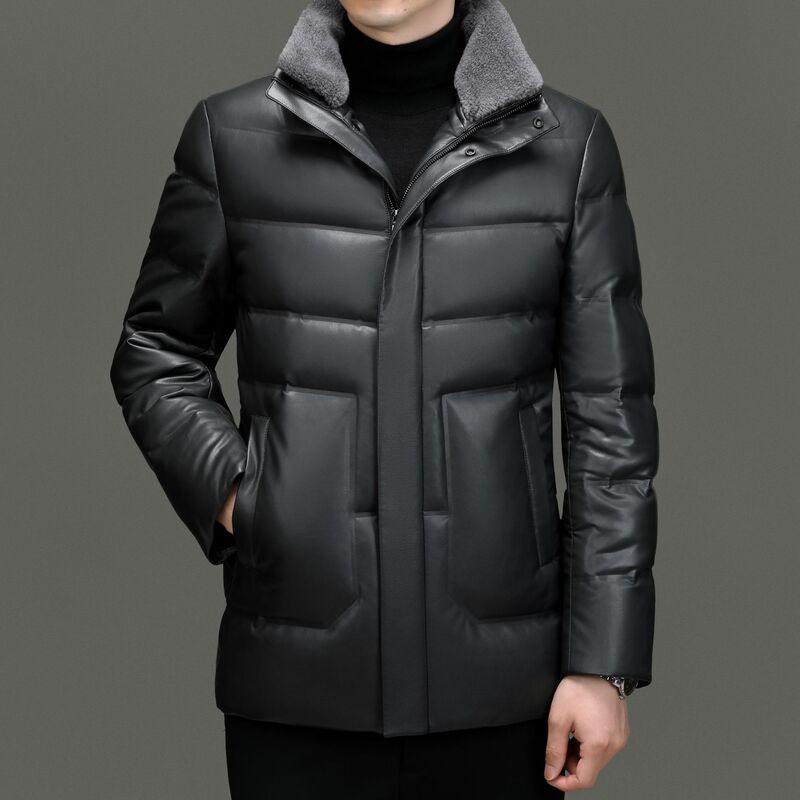 Haining middle-aged and elderly men's leather down jacket extra thick fur collar leather coat sheepskin dad coat