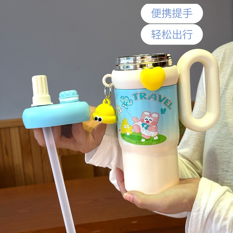 新しいかわいいウサギの漫画人形ハンドルカップ、見栄えの良い学生ストローカップ、大容量のポータブルアイスカップ|undefined