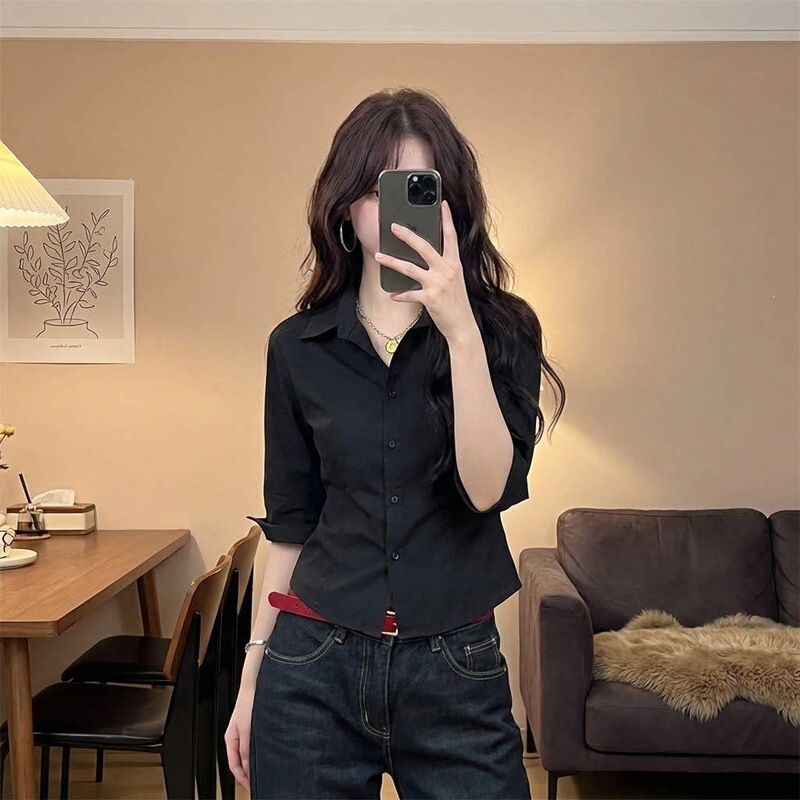 High-End Elegant Black Mid-Sleeve Shirt with Lapel Collar for Women, 2026 New Style, Waist-Cinching Slim-Fit Trendy Shirt for Work High-End Elegant Black Mid-Sleeve Shirt with Lapel Collar for Women, 2026 New Style, Waist-Cinching Slim-Fit Trendy Shirt for Work