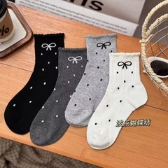 新款潮ins秋冬堆堆袜波点蝴蝶结长筒袜日系网红中筒女袜花边中筒