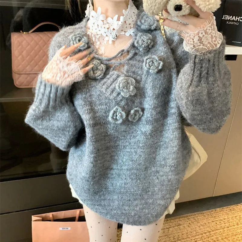 優しくスリムな立体花柄Vネックゆったり長袖セーター2025秋冬新作ニット柔らかトップス
