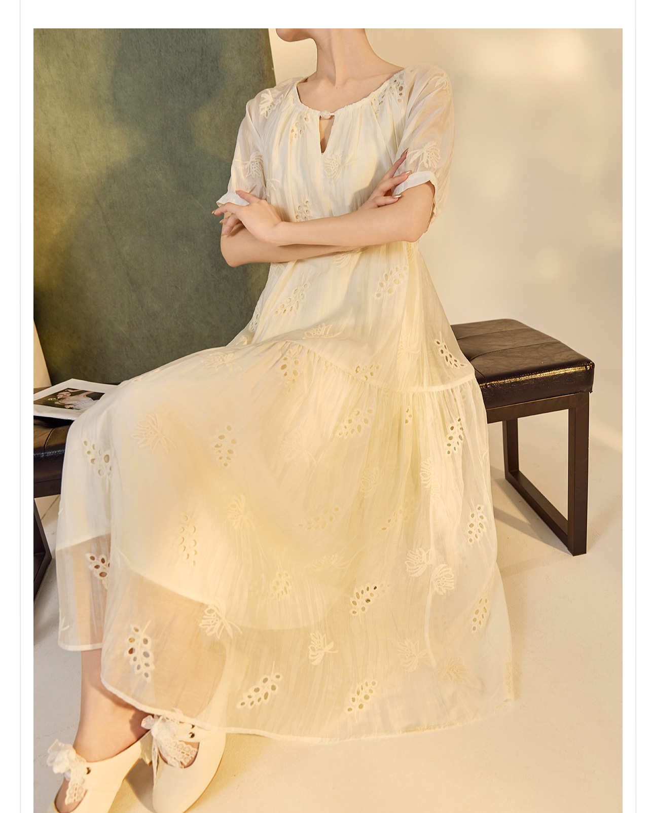 Váy suông midi Tencel phong cách Trung Quốc mới tay ngắn cổ tròn — Màu trắng be chi tiết 2