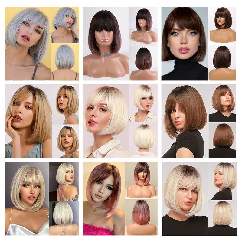 Europe and the United States cross-border foreign trade new products Amazon export full head with neat bangs gradient powder bobo short hair wig women
