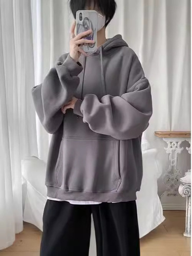 Hooded thick hoodie with velvet fashion brand hoodie autumn and winter all-matching solid color loose trend ins top coat Hong Kong style