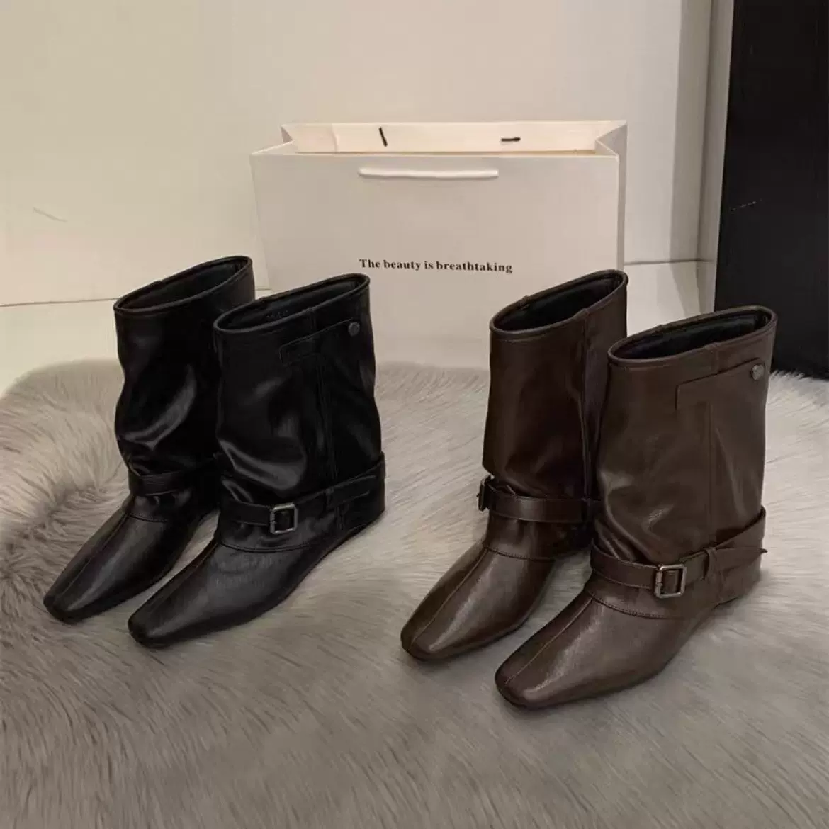 复古皮面短筒靴女靴子2025法式靴秋季小众设计西部堆堆靴骑士靴